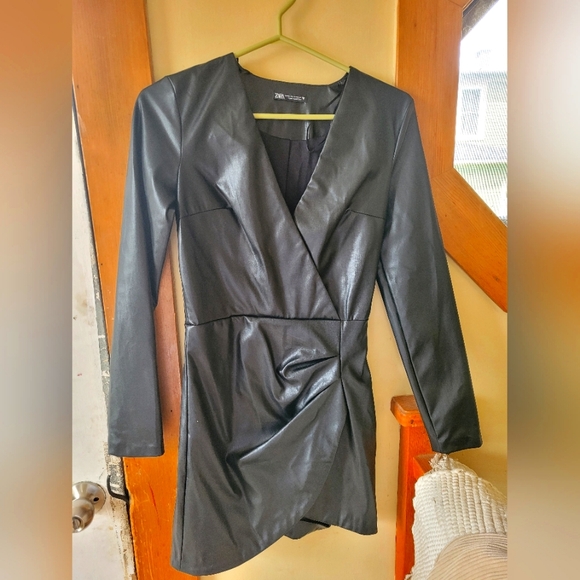 ZARA XS Faux Leather Wrap Mini Dress - Black - Picture 1 of 3